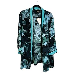 Bob Mackie Wearable Art Floral Kimono Topper Jacket Size XL Aqua Blue Black NEW